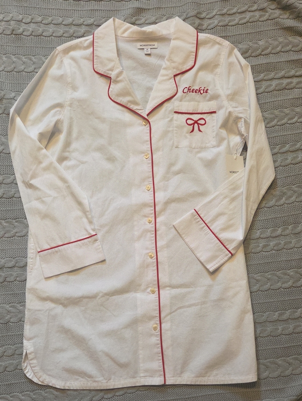 NWT Nordstrom Cheekie Nightshirt White 100% Cotton Red Bow Piping Medium